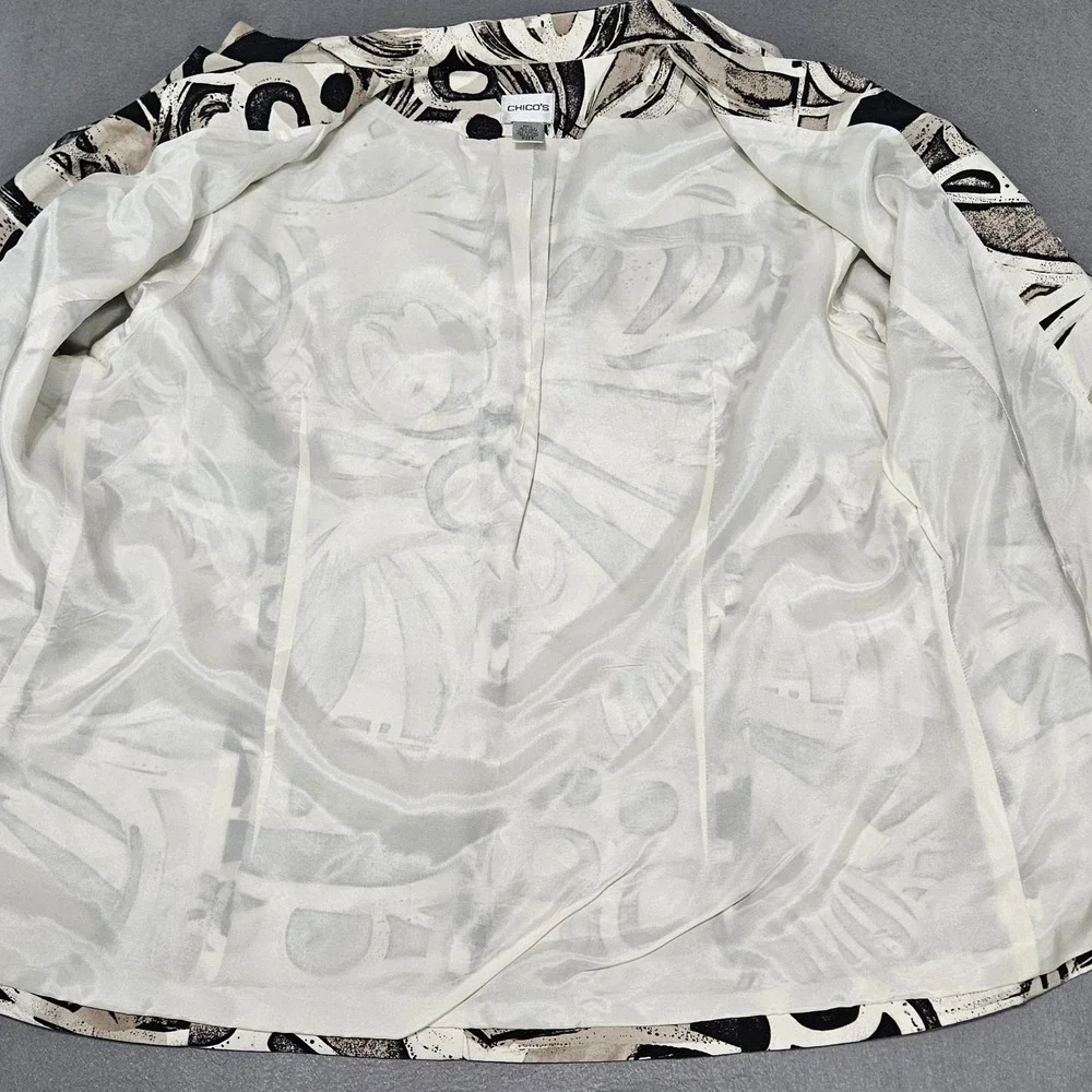 Chico's‎ Blazer Jacket Size 3 US XL Silk Linen Lined Abstract Black Beige